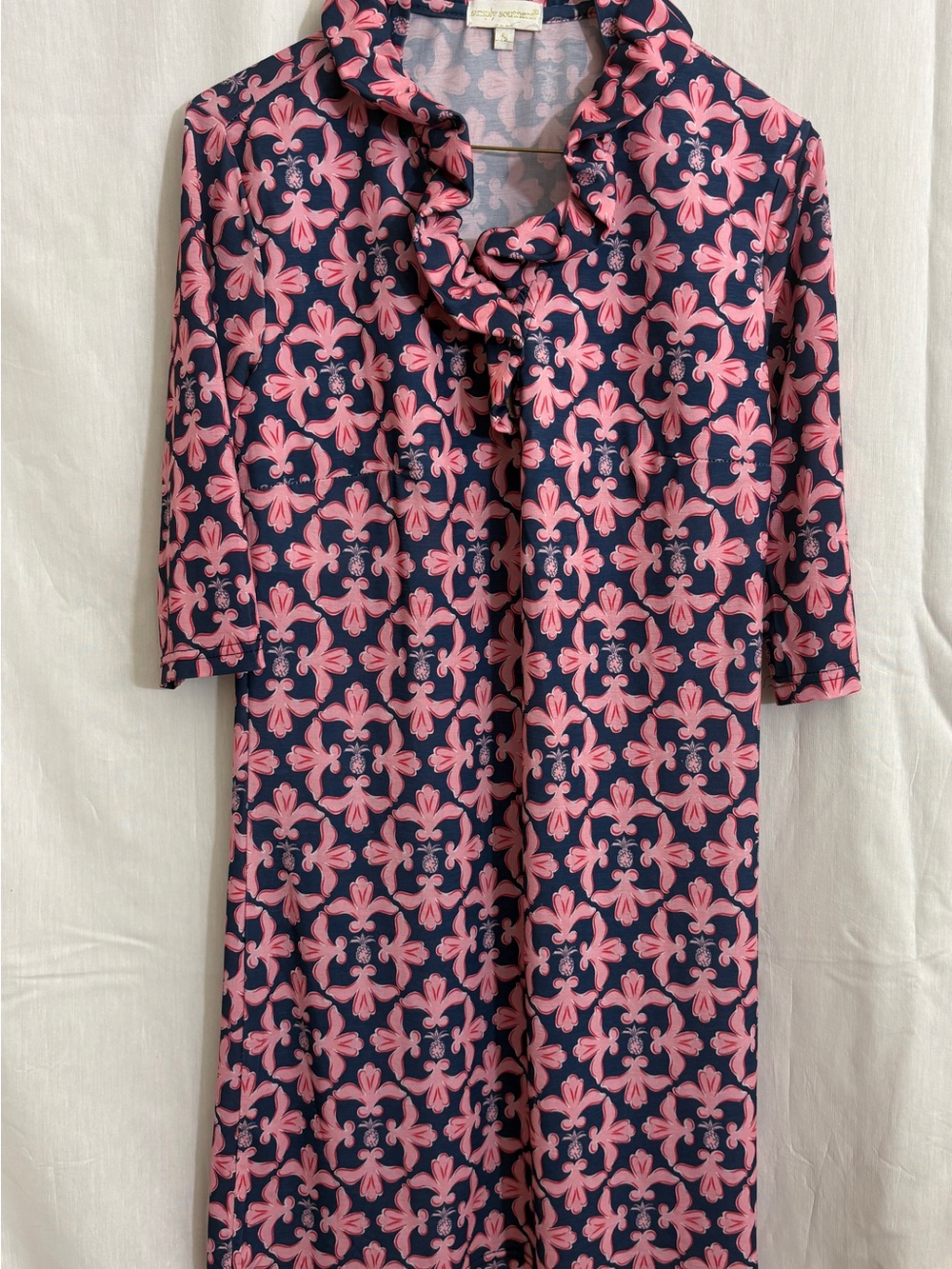 Simply Southern S Navy Pink Medallion Print Ruffle Neck Shift Dress - Picture 2 of 7